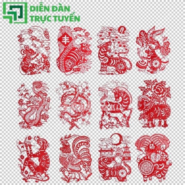 Bộ hình 12 con giáp vector truyền thống, mang đậm nét văn hóa Á Đông