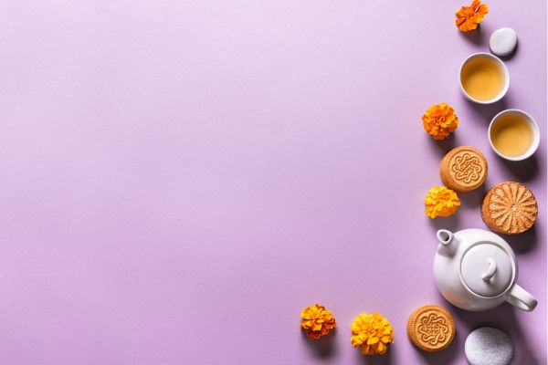 Background bánh trà nền tím Tết Trung Thu