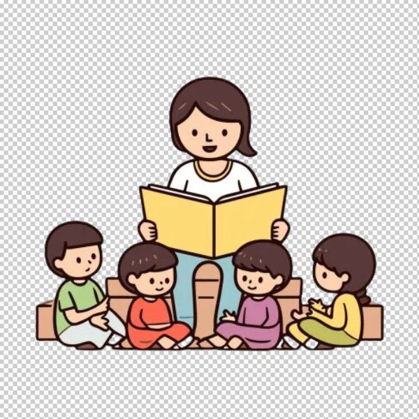 Cô giáo và em bé đọc sách vector