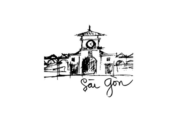 Chợ Bến Thành vector nét chì 