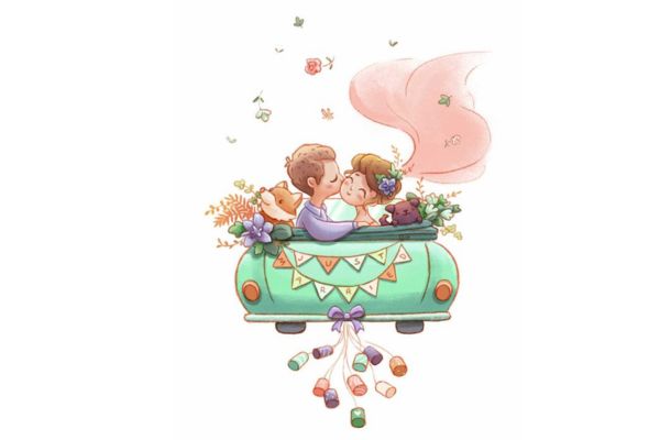 Cô dâu chú rể vector xe hoa