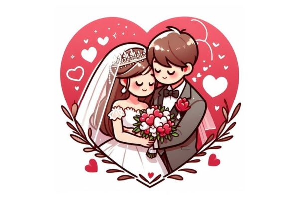 Cô dâu chú rể khung trái tim vector