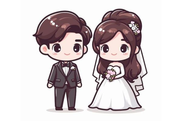 Cô dâu chú rể nét vẽ chibi vector