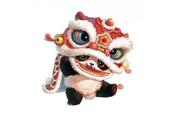 Gấu panda và đầu lân vector