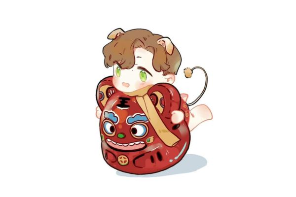 Nam chibi và con lân vector