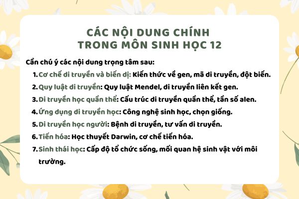 Các nội dung chính trong môn Sinh học 12