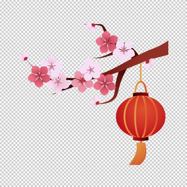 Vector hoa đào Tết có đèn lồng