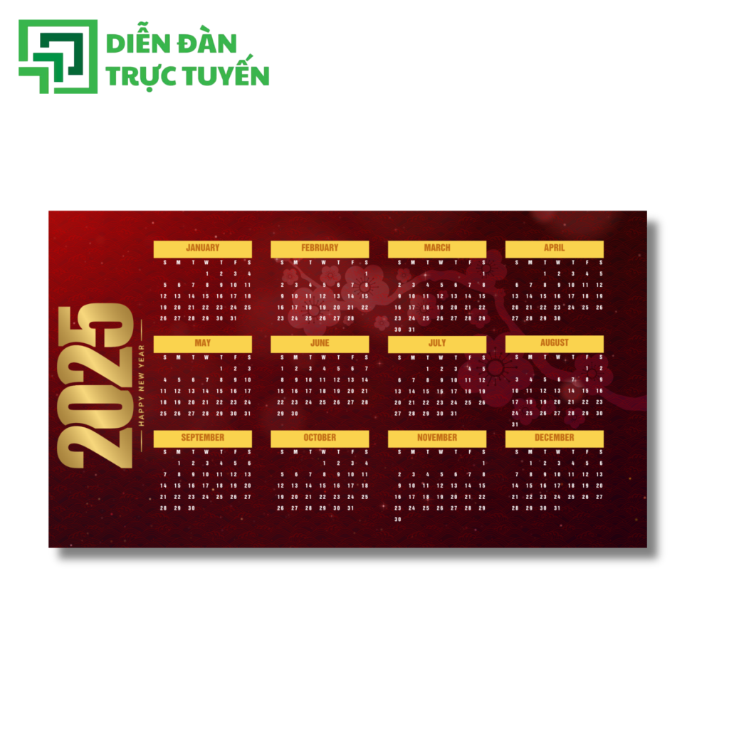 Mẫu Lịch Đỏ Chữ Vàng Hằng Tháng 2025