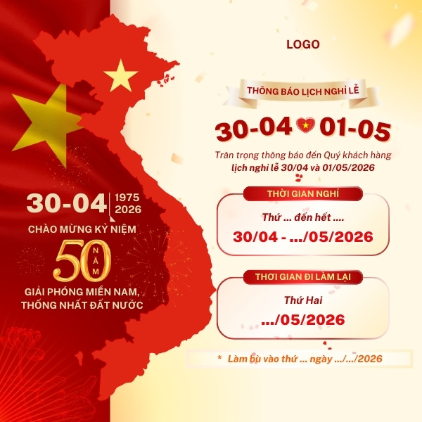 Mẫu thông báo nghỉ lễ 30/4 và 1/5 chuyên nghiệp cho doanh nghiệp.