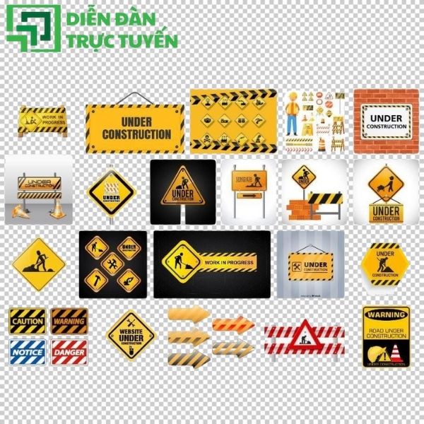 Bộ biển báo công trường thi công đầy đủ Vector