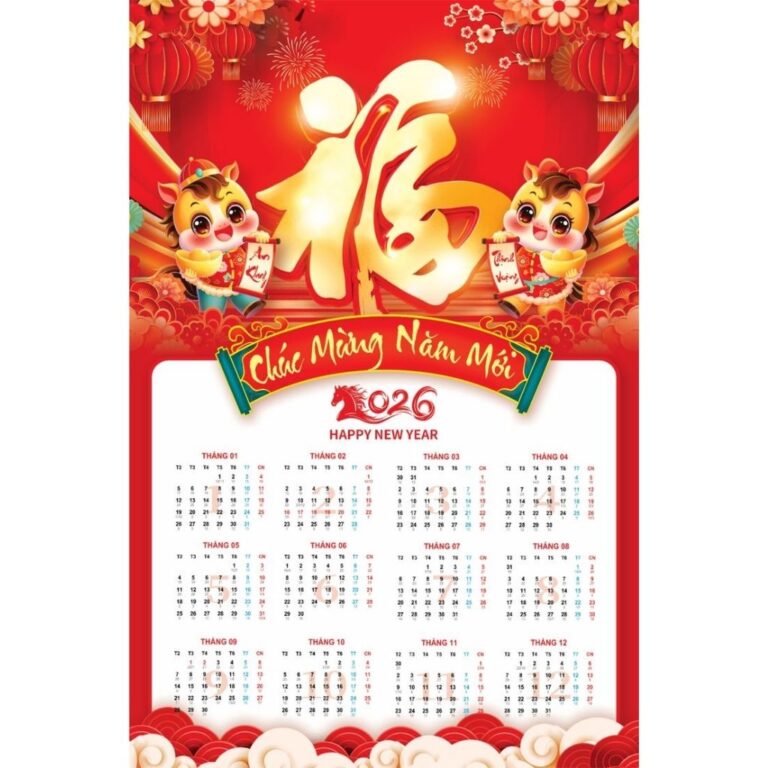 Mẫu thiết kế lịch Tết 2026 vector chuẩn in ấn, màu sắc nổi bật