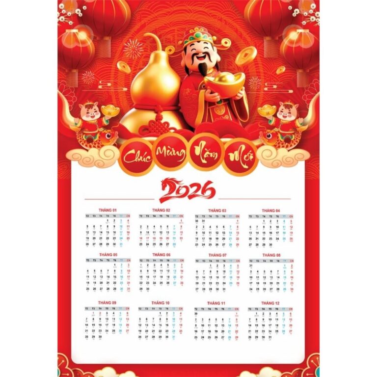 Mẫu Lịch Vạn Niên Âm Dương 2026 Thần Tài Gõ Cửa