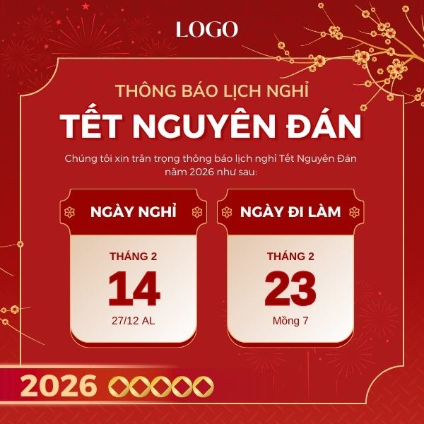 Mẫu thông báo nghỉ Tết Nguyên đán 2026